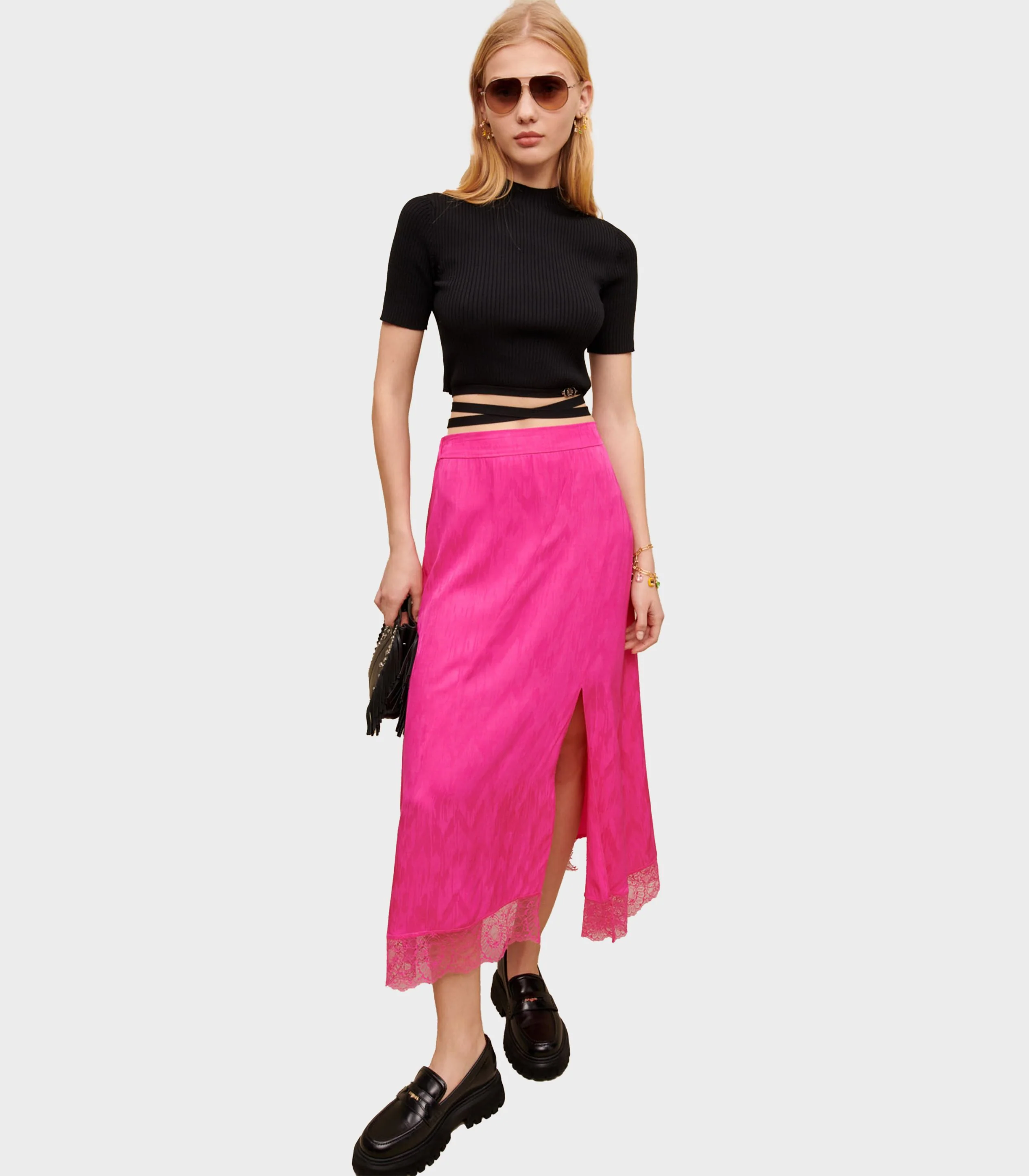 Maje - Satiny Jacquard Long Slit Skirt - Image 3
