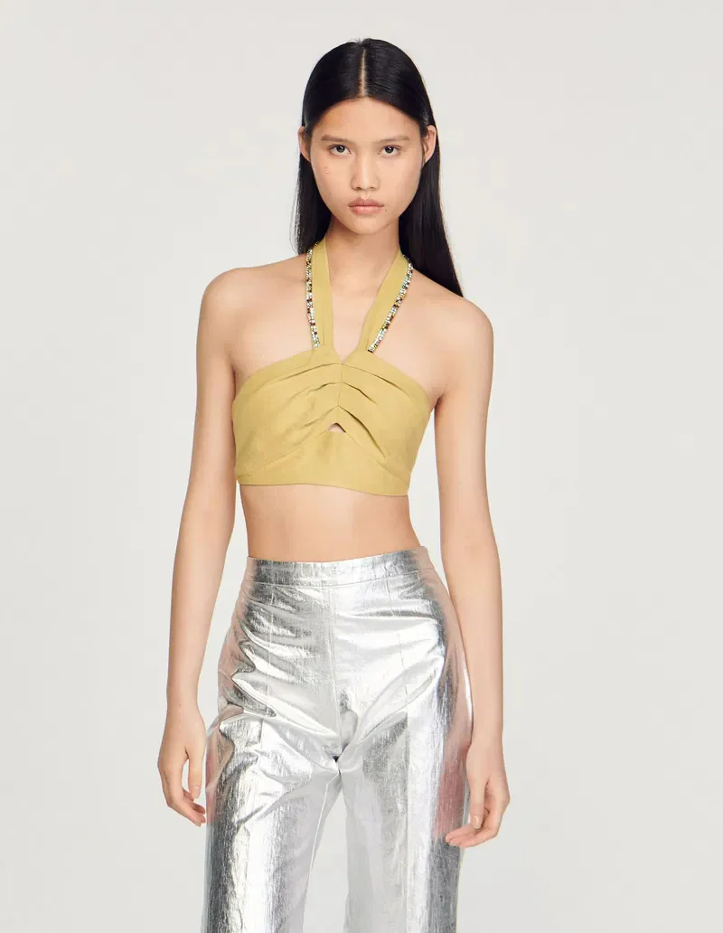 SANDRO - Women's Rhinestone-Embellished Crop Top - Image 5