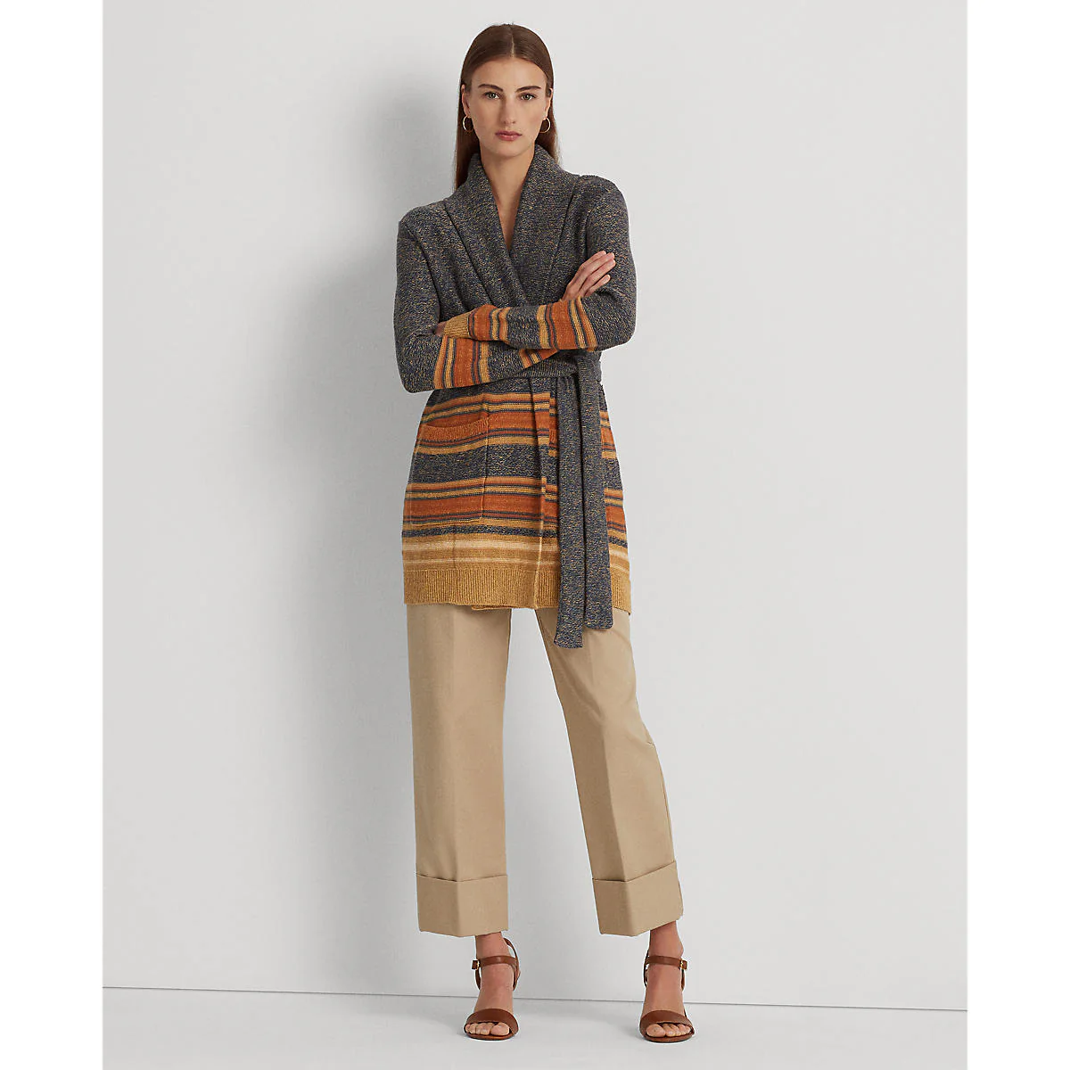 Lauren Ralph Lauren - Striped Belted Cotton-Blend Cardigan - Image 3