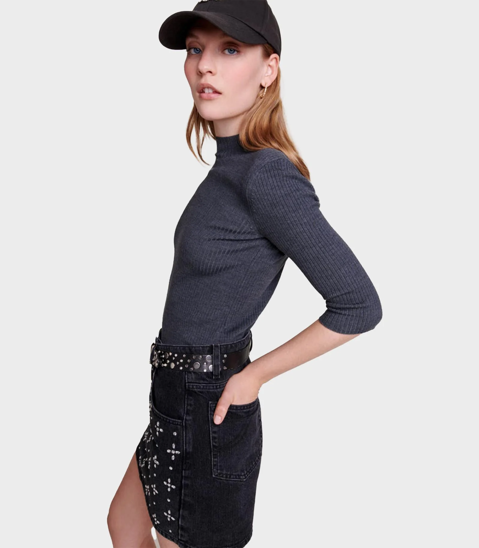 Maje - Short Denim Skirt With Rhinestones - Image 5