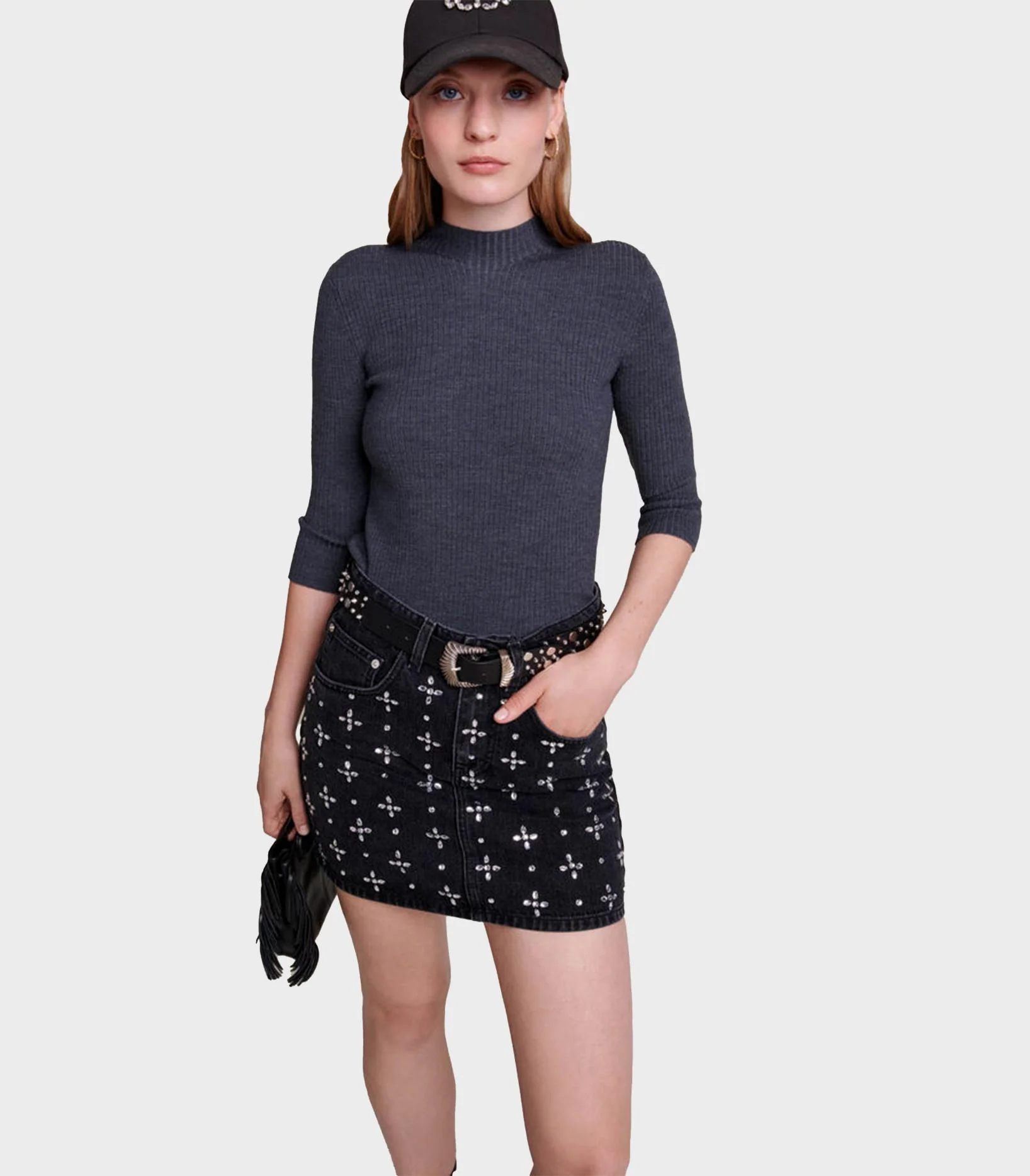 Maje - Short Denim Skirt With Rhinestones - Image 9